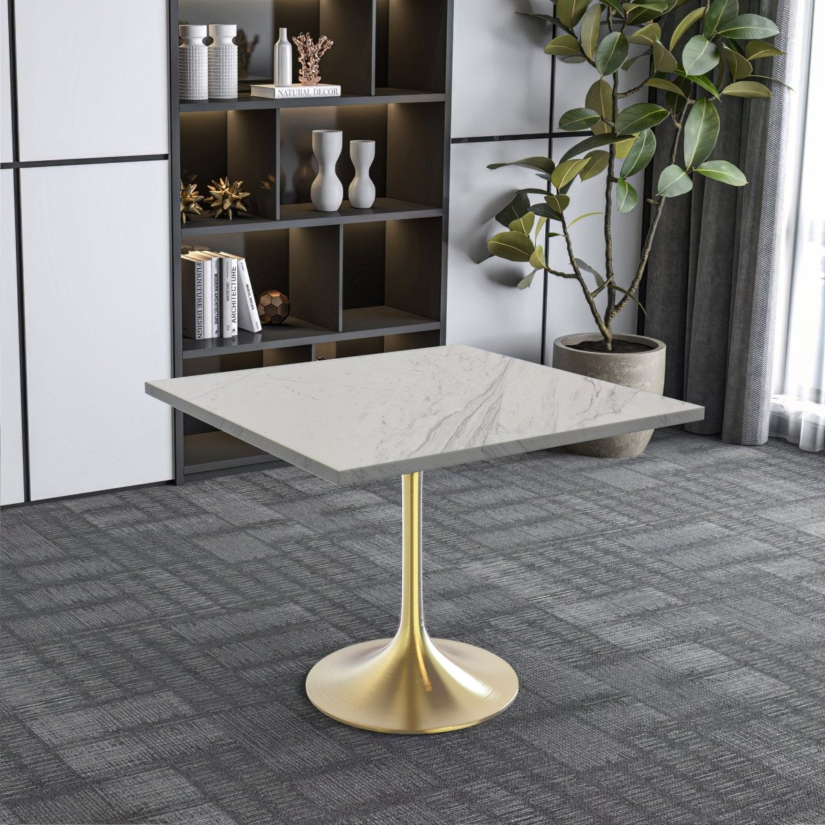 Verve Collection 24"Square Dining Table, Black/White/Brushed Gold Base with MDF Top 36 Inch Brushed Gold Marbled White Resin Dining Table Leisuremod