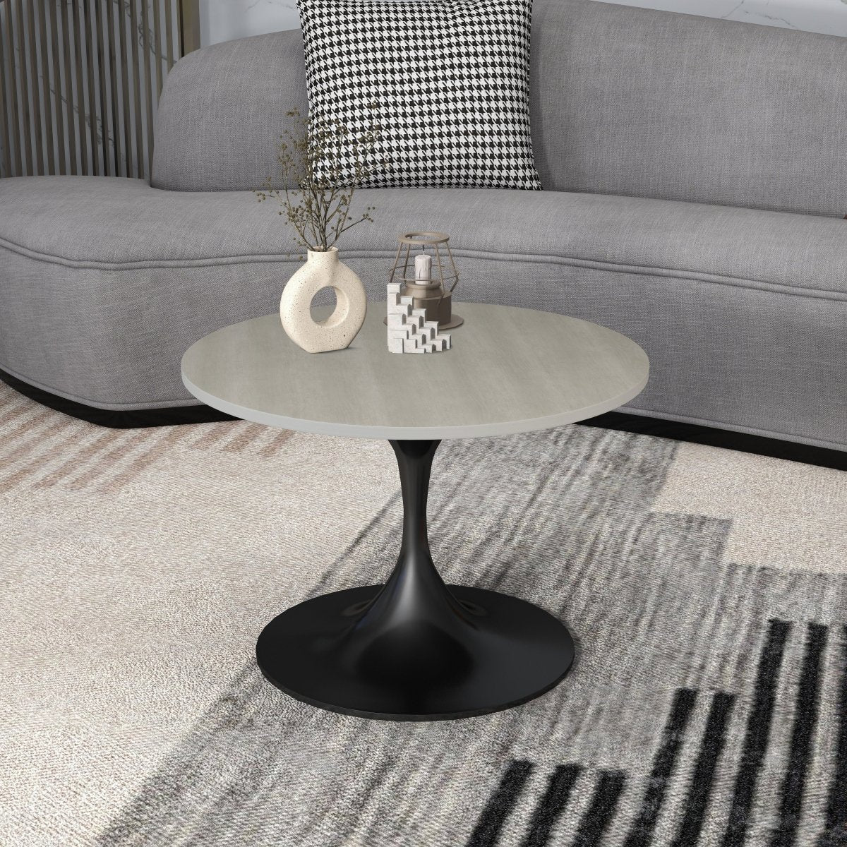 Verve Round Coffee Table with MDF/Resin/Sintered Stone Tabletop and Black Stainless Steel Base