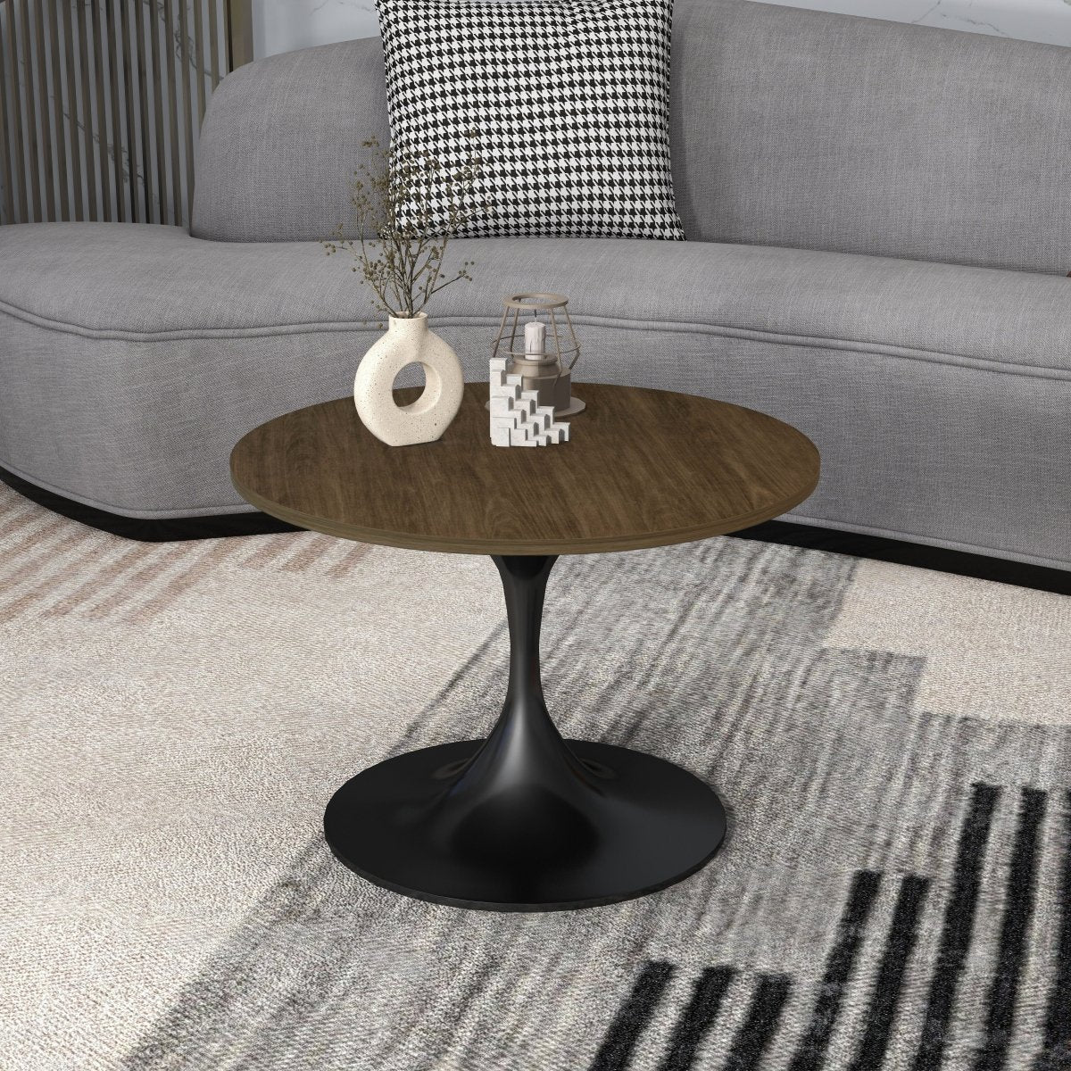 Verve Round Coffee Table with MDF/Resin/Sintered Stone Tabletop and Black Stainless Steel Base