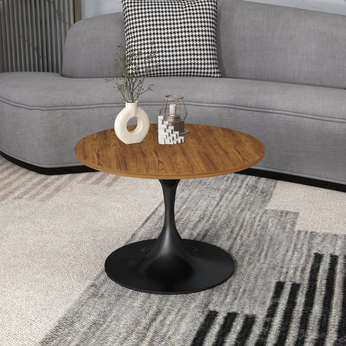 Verve Round Coffee Table with MDF/Resin/Sintered Stone Tabletop and Black Stainless Steel Base