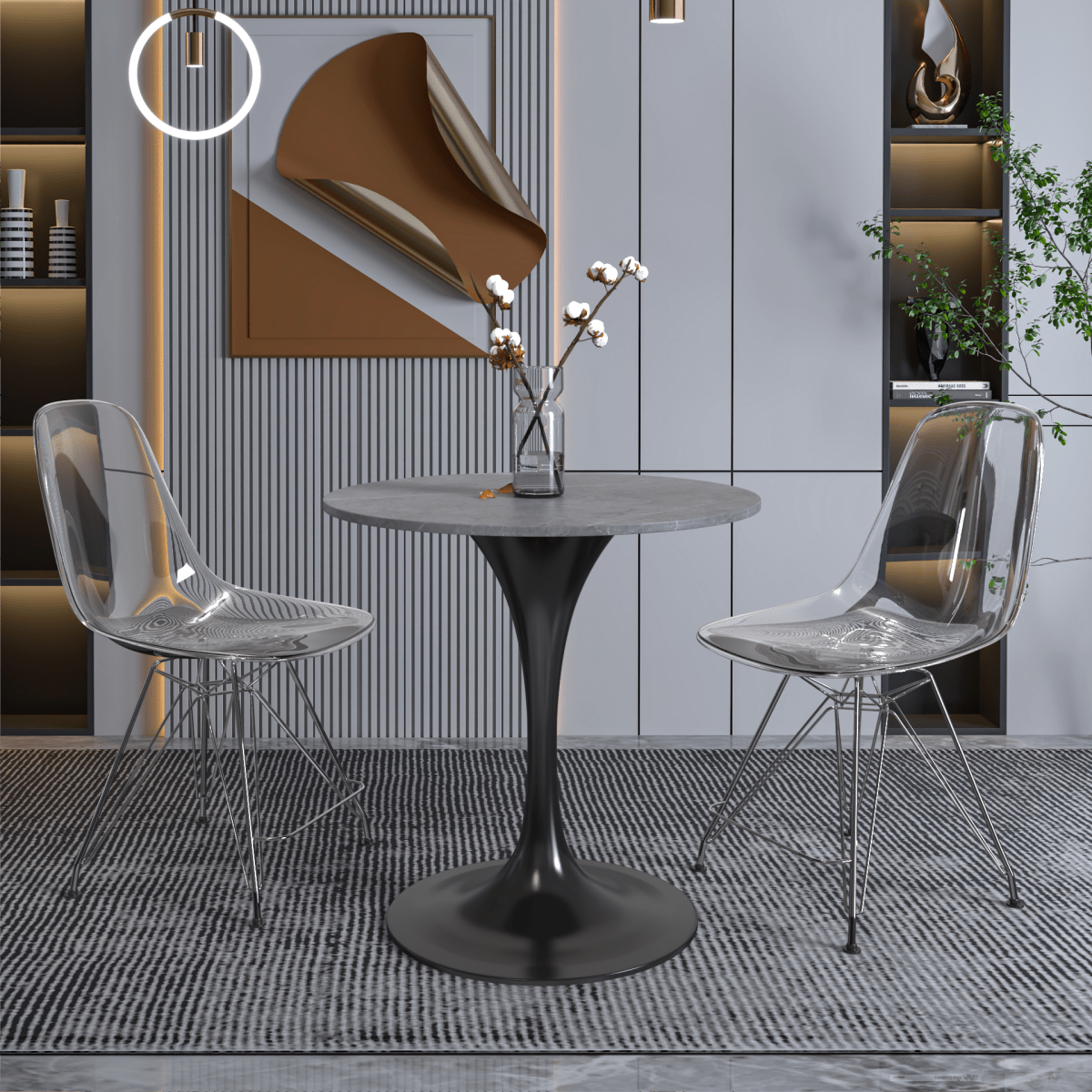 Verve Round Dining Table with MDF/Sintered Stone/Resin Tabletop in Black Stainless Steel Pedestal Base