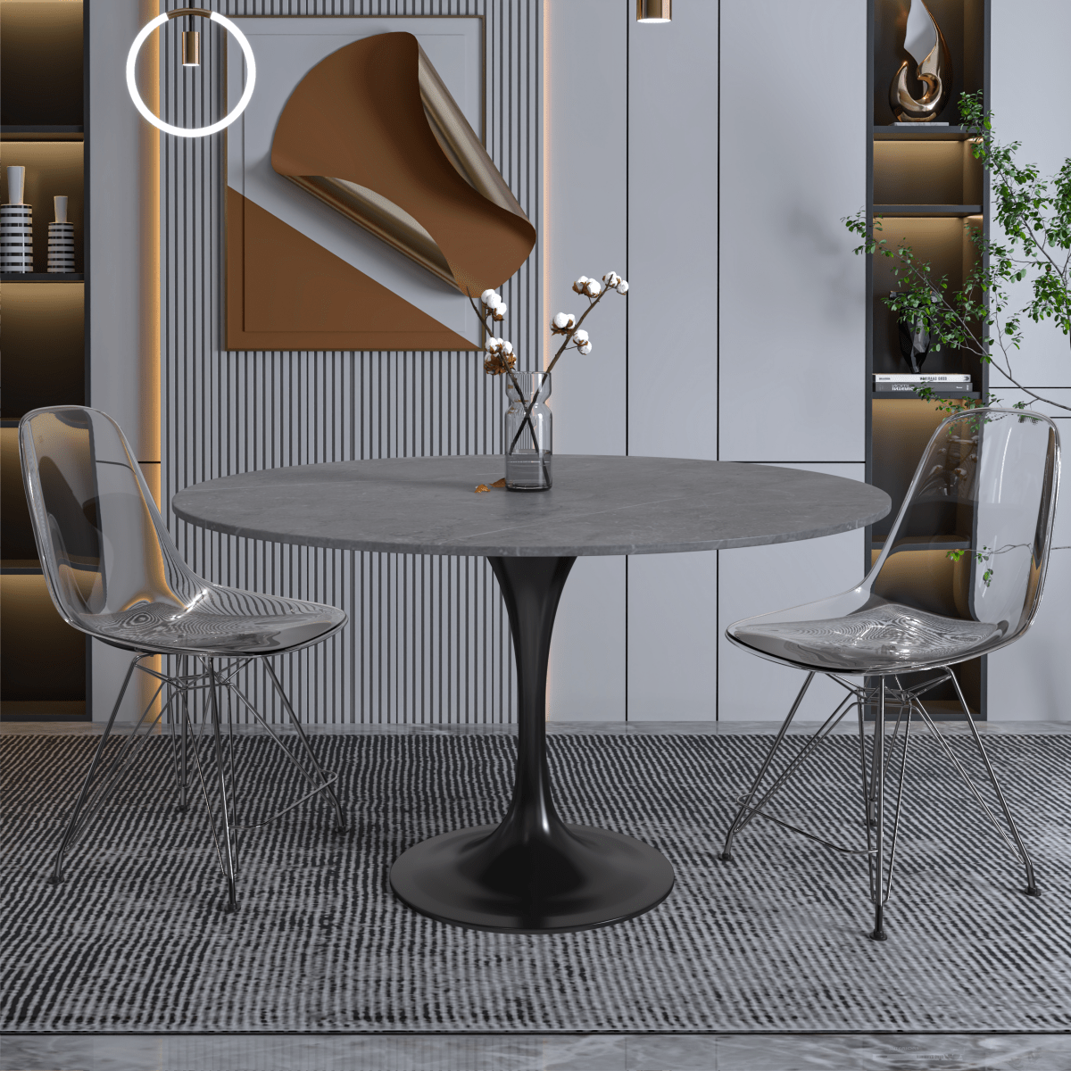 Verve Round Dining Table with MDF/Sintered Stone/Resin Tabletop in Black Stainless Steel Pedestal Base