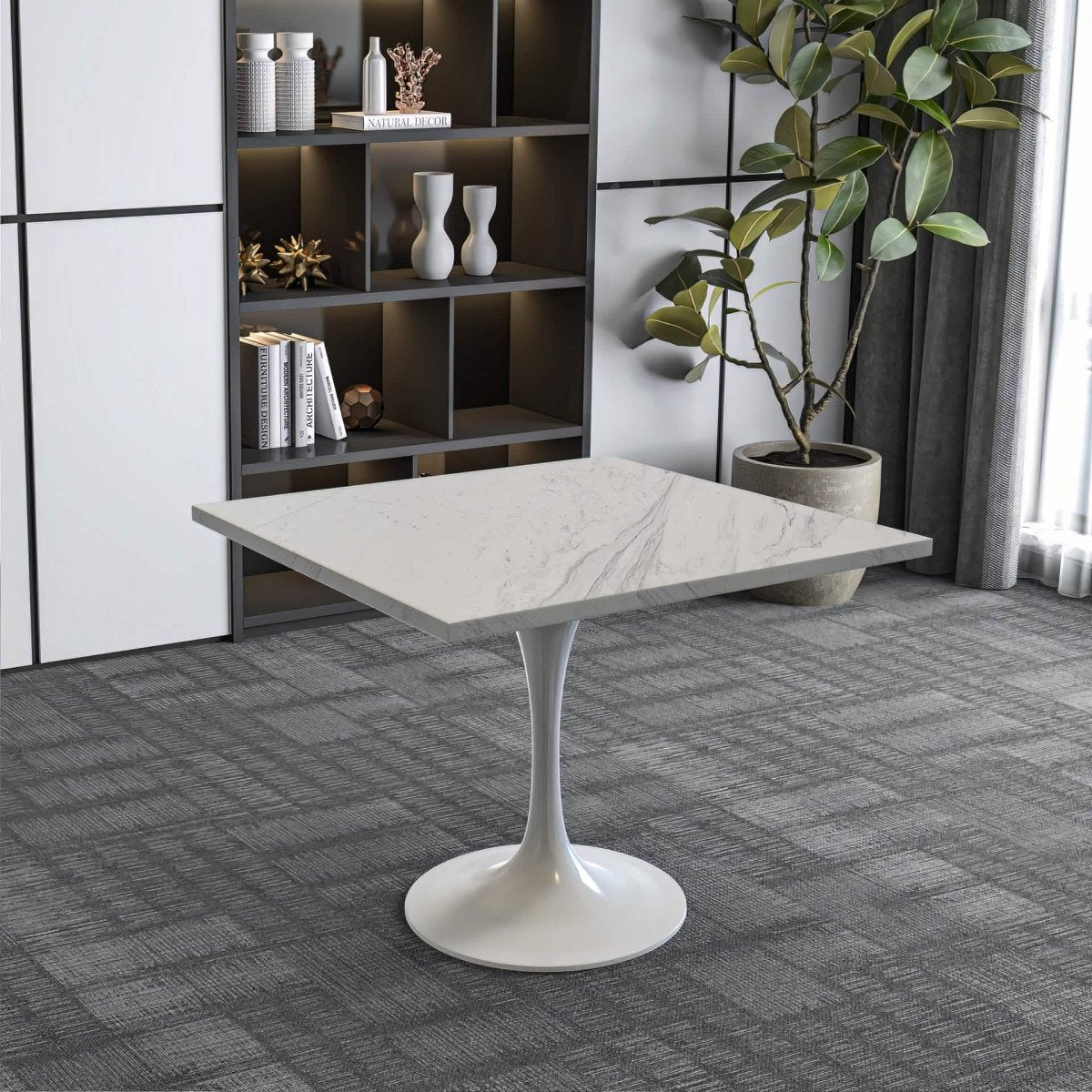 Verve Square Dining Table with a Laminated White Marbleized Tabletop and White/Black/Silver/Gold Steel Pedestal Base