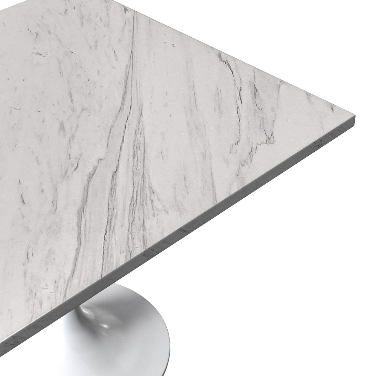 Verve Square Dining Table with a Laminated White Marbleized Tabletop and White/Black/Silver/Gold Steel Pedestal Base