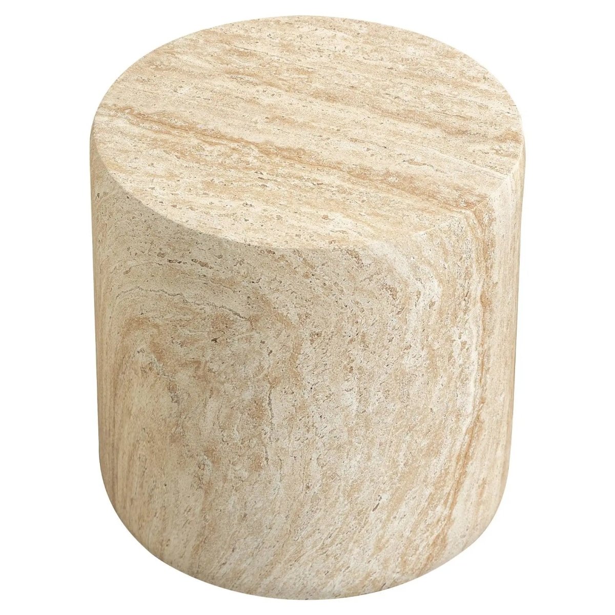 Vintara Round Fiberstone Side Table with Brushed Finish – Indoor & Outdoor Accent Table Travertine Side Table LeisureMod