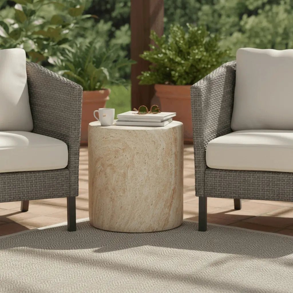 Vintara Round Fiberstone Side Table with Brushed Finish – Indoor & Outdoor Accent Table Travertine Side Table LeisureMod