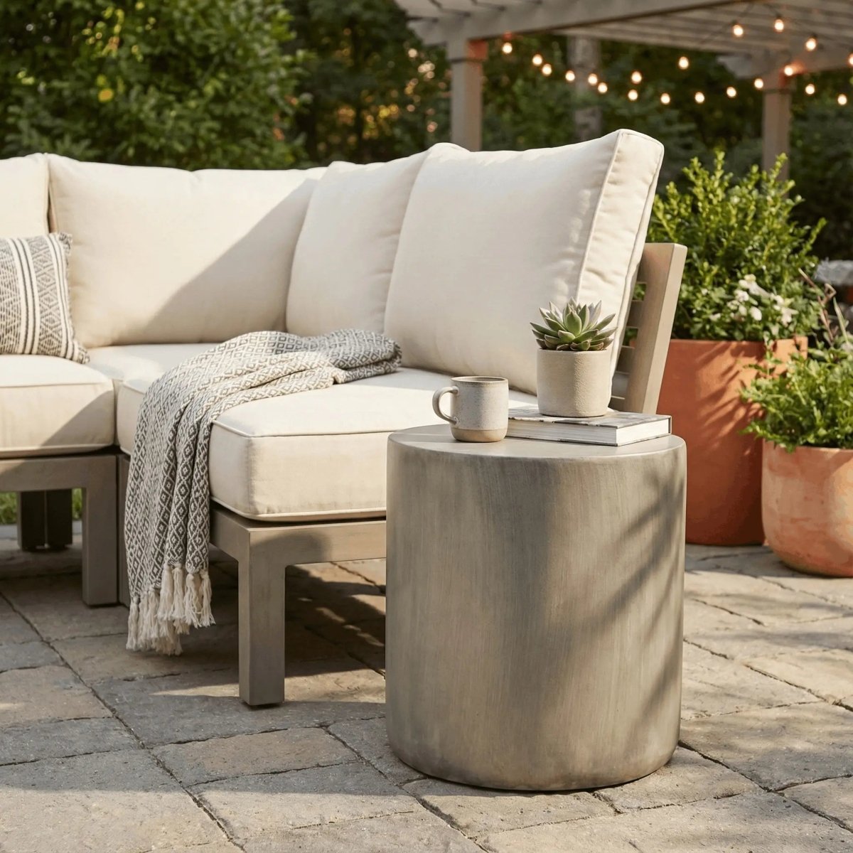 Vintara Round Fiberstone Side Table with Brushed Finish – Indoor & Outdoor Accent Table Cement Grey Side Table LeisureMod