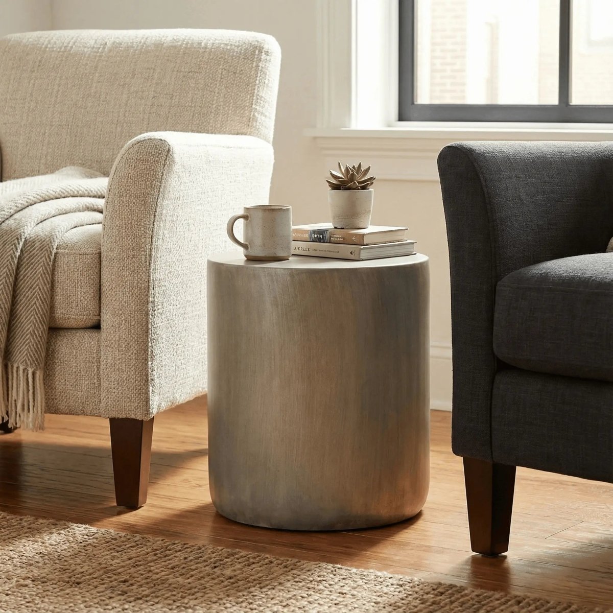 Vintara Round Fiberstone Side Table with Brushed Finish – Indoor & Outdoor Accent Table Cement Grey Side Table LeisureMod