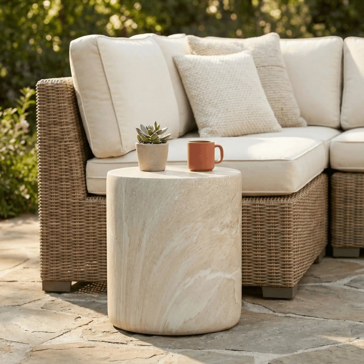 Vintara Round Fiberstone Side Table with Brushed Finish – Indoor & Outdoor Accent Table Stone Marble Side Table LeisureMod