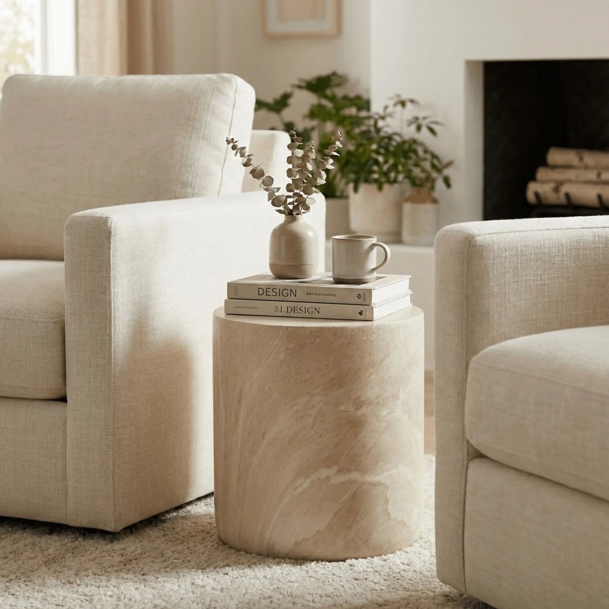 Vintara Round Fiberstone Side Table with Brushed Finish – Indoor & Outdoor Accent Table Stone Marble Side Table LeisureMod