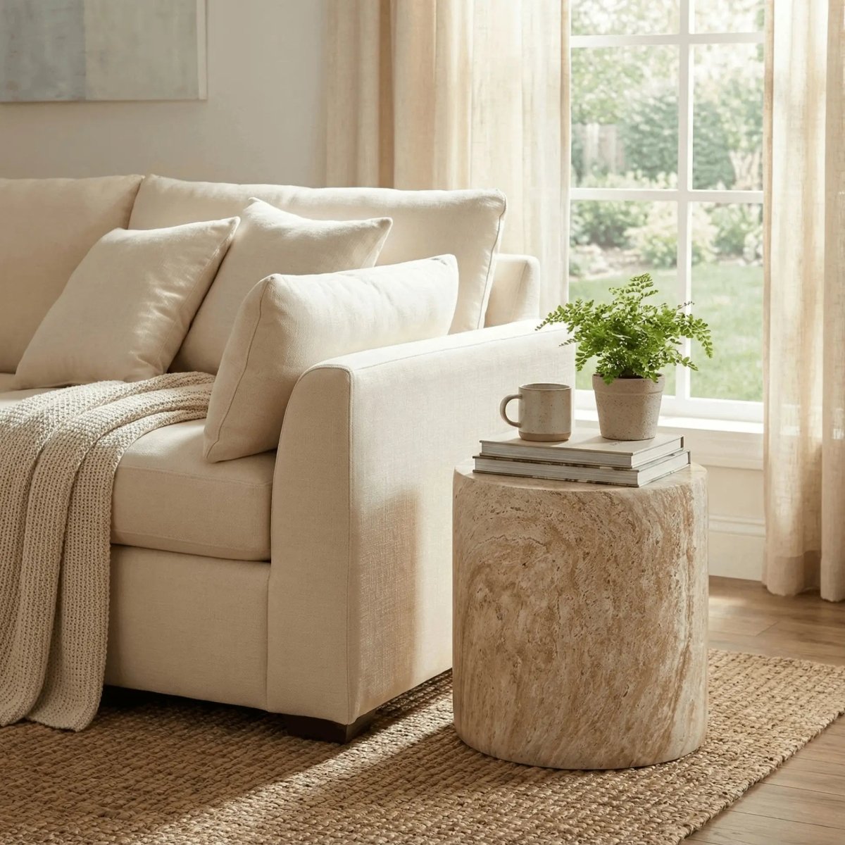 Vintara Round Fiberstone Side Table with Brushed Finish – Indoor & Outdoor Accent Table Travertine Side Table LeisureMod