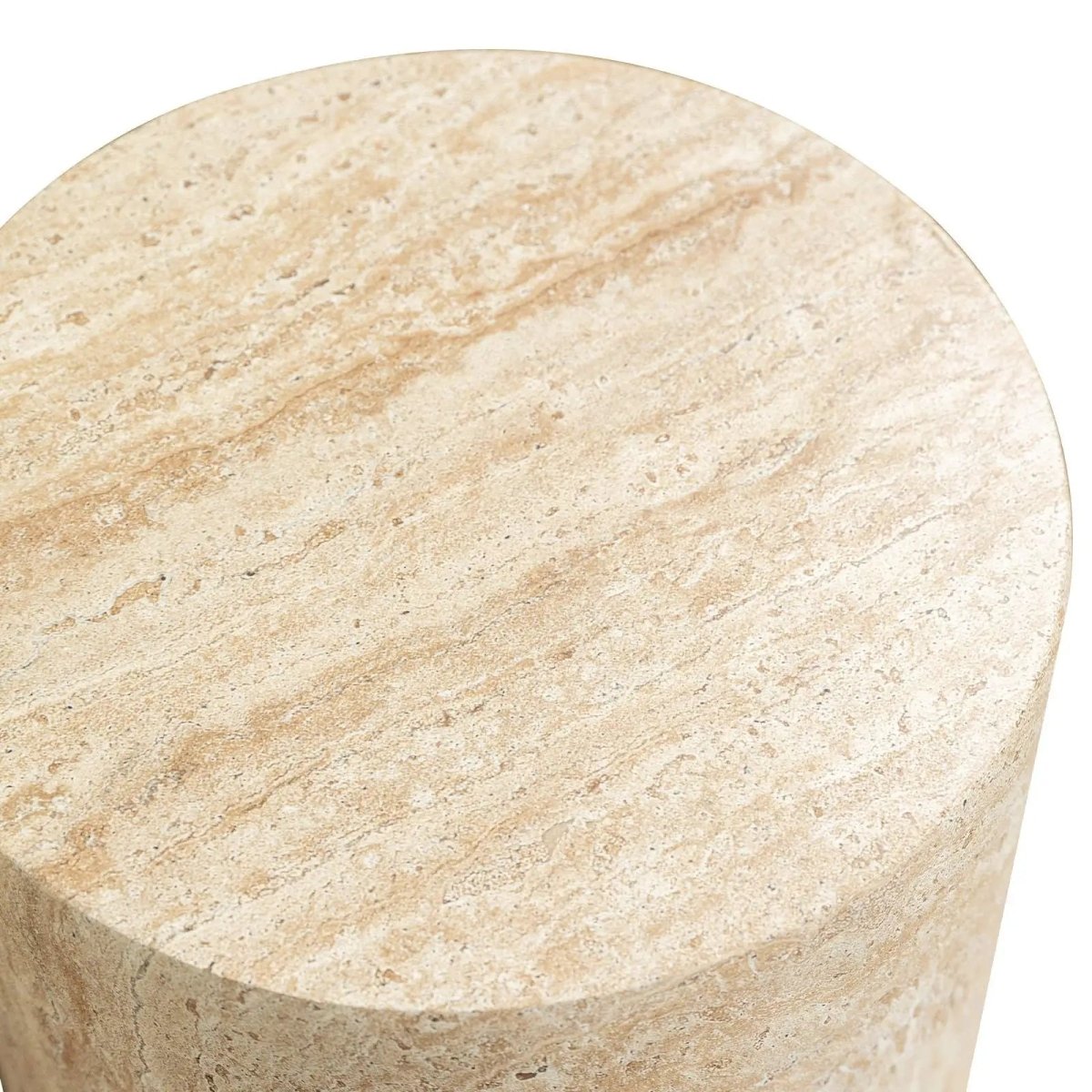 Vintara Round Fiberstone Side Table with Brushed Finish – Indoor & Outdoor Accent Table Travertine Side Table LeisureMod