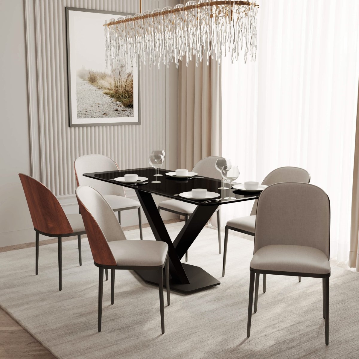 Voren 7 - Piece Dining Set with 55" Rectangular Dining Table in Black Glass Top and 6 Leather/Velvet/Suede Fabric Dining Chairs