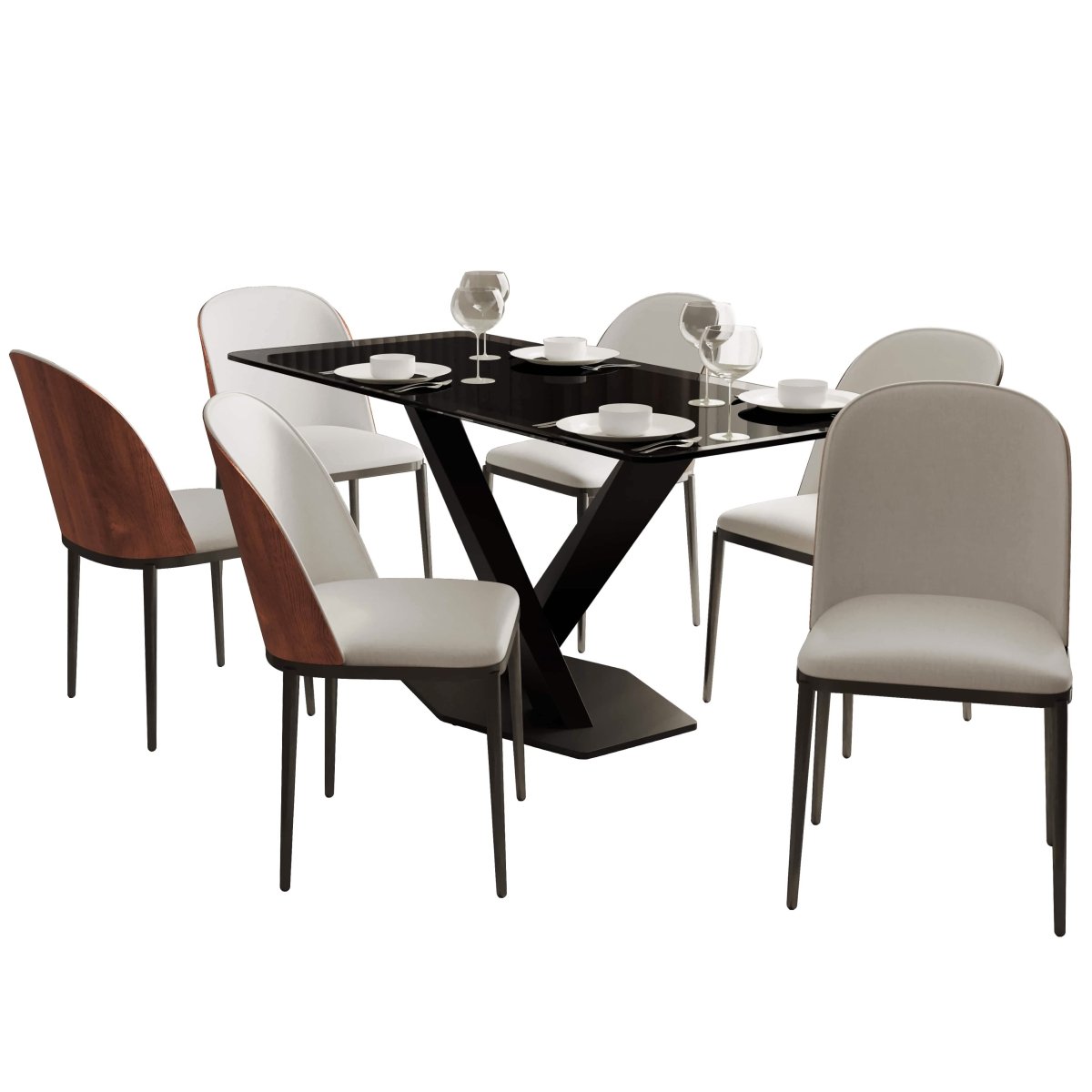 Voren 7 - Piece Dining Set with 55" Rectangular Dining Table in Black Glass Top and 6 Leather/Velvet/Suede Fabric Dining Chairs