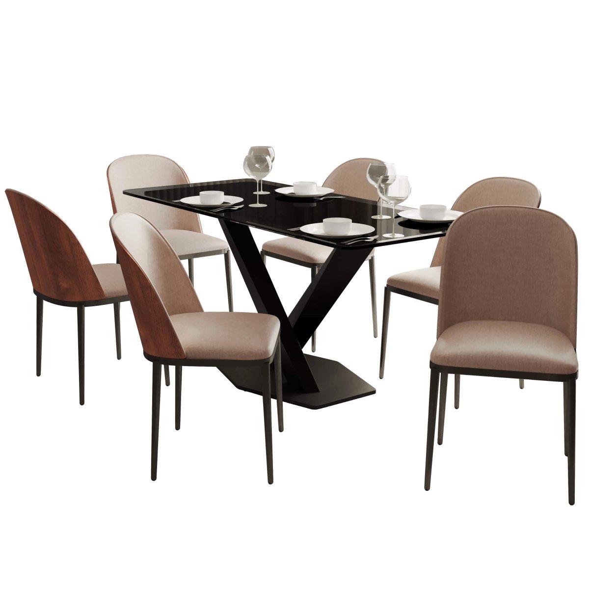 Voren 7 - Piece Dining Set with 55" Rectangular Dining Table in Black Glass Top and 6 Leather/Velvet/Suede Fabric Dining Chairs