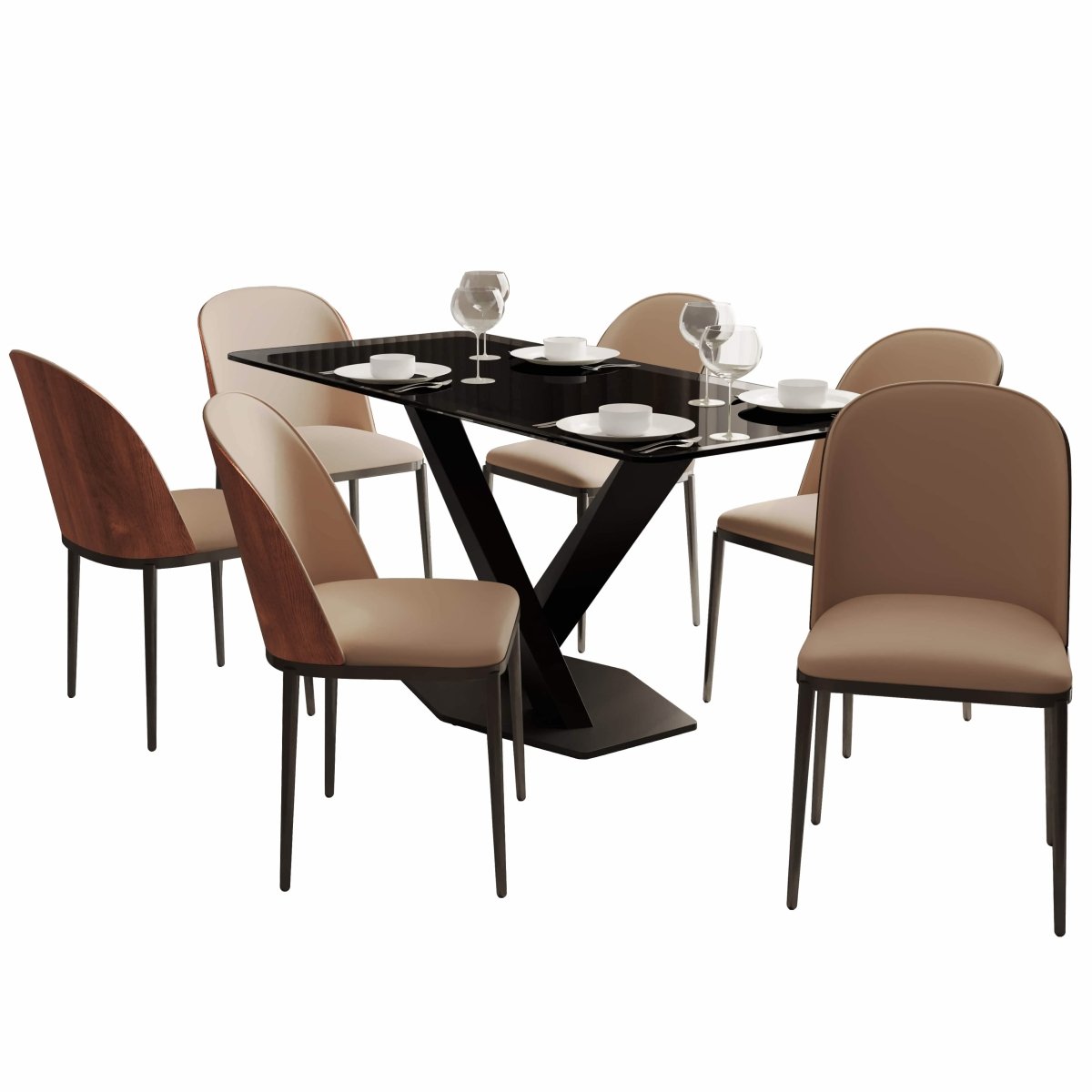 Voren 7 - Piece Dining Set with 55" Rectangular Dining Table in Black Glass Top and 6 Leather/Velvet/Suede Fabric Dining Chairs