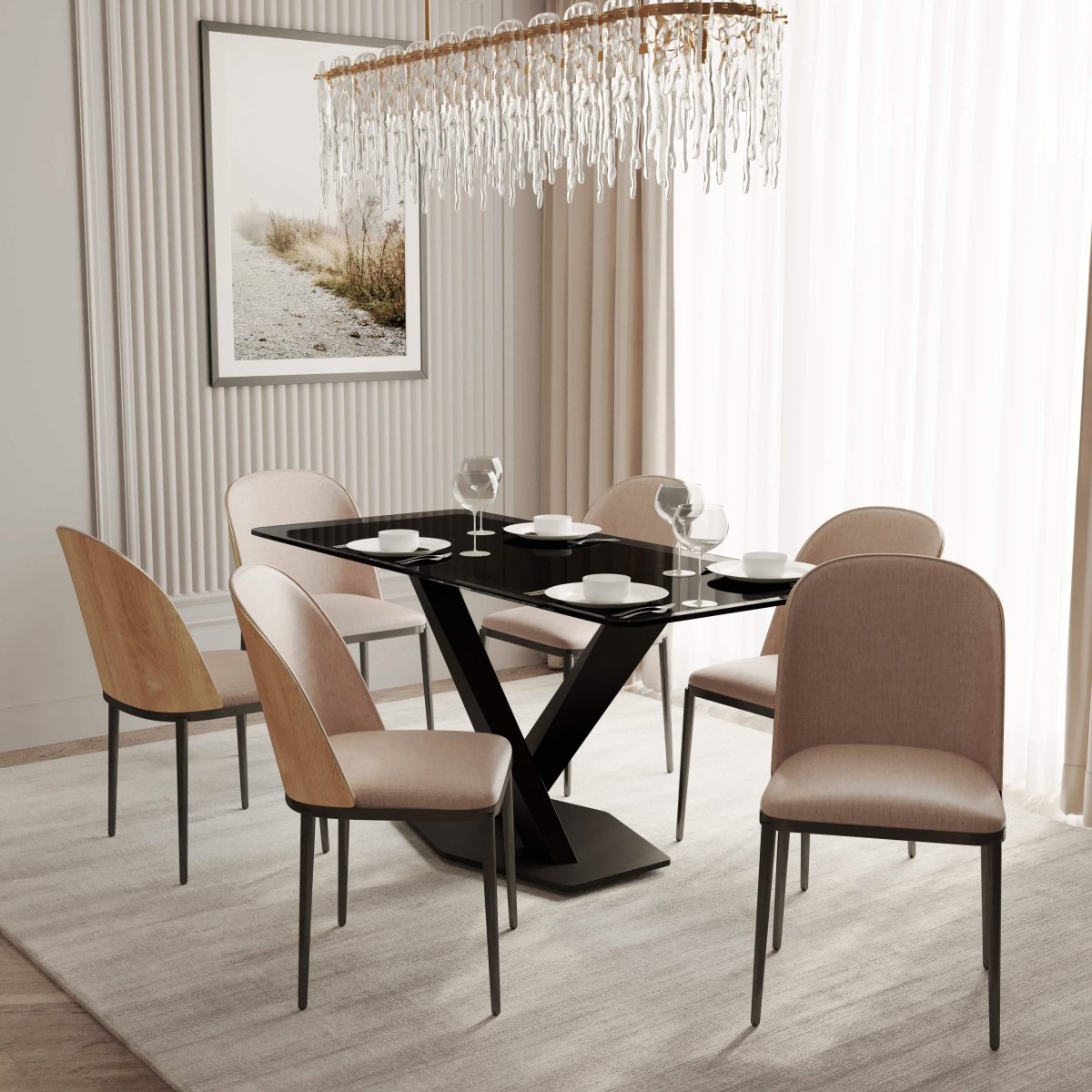 Voren 7 - Piece Dining Set with 55" Rectangular Dining Table in Black Glass Top and 6 Leather/Velvet/Suede Fabric Dining Chairs