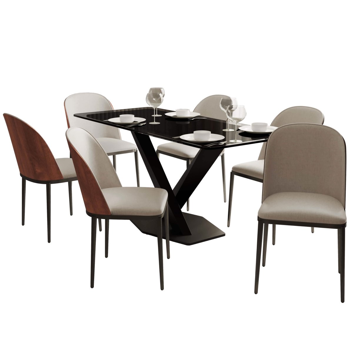 Voren 7 - Piece Dining Set with 55" Rectangular Dining Table in Black Glass Top and 6 Leather/Velvet/Suede Fabric Dining Chairs