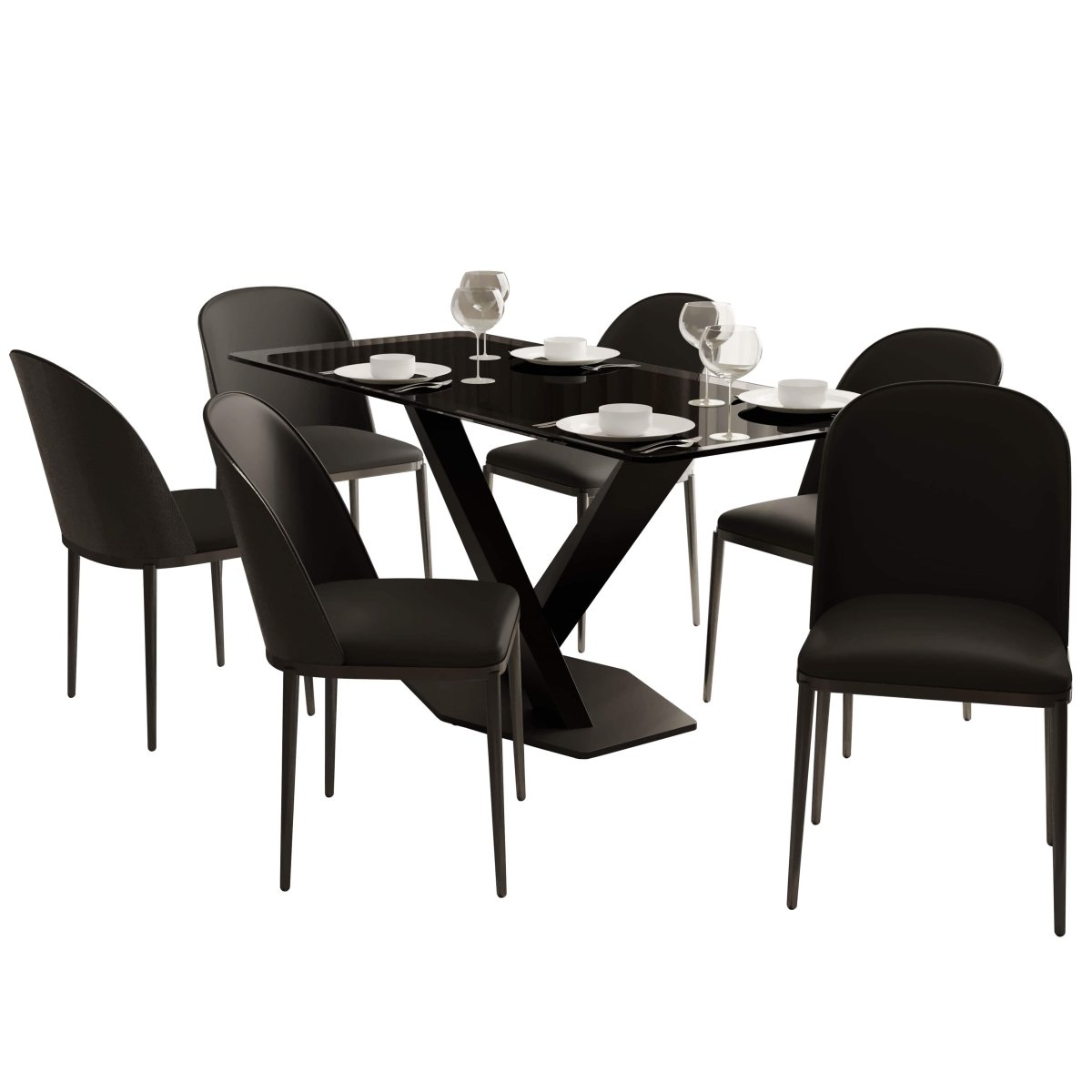 Voren 7 - Piece Dining Set with 55" Rectangular Dining Table in Black Glass Top and 6 Leather/Velvet/Suede Fabric Dining Chairs