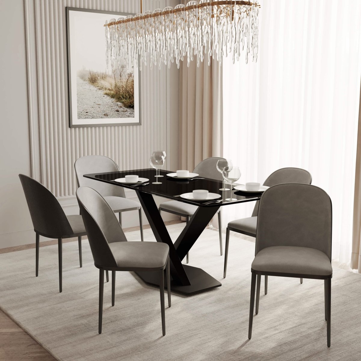 Voren 7 - Piece Dining Set with 55" Rectangular Dining Table in Black Glass Top and 6 Leather/Velvet/Suede Fabric Dining Chairs