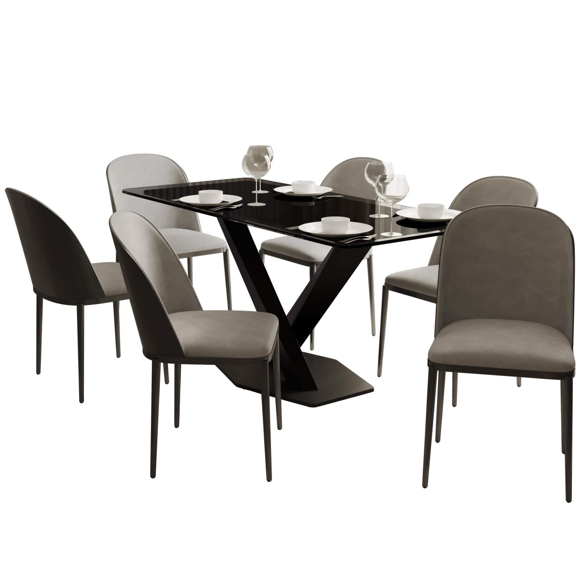 Voren 7 - Piece Dining Set with 55" Rectangular Dining Table in Black Glass Top and 6 Leather/Velvet/Suede Fabric Dining Chairs