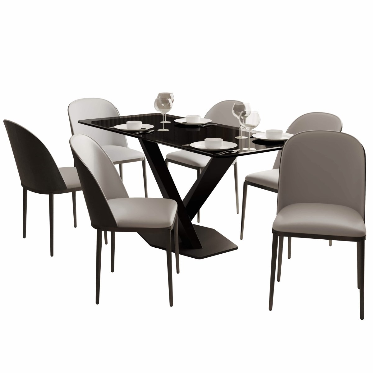 Voren 7 - Piece Dining Set with 55" Rectangular Dining Table in Black Glass Top and 6 Leather/Velvet/Suede Fabric Dining Chairs