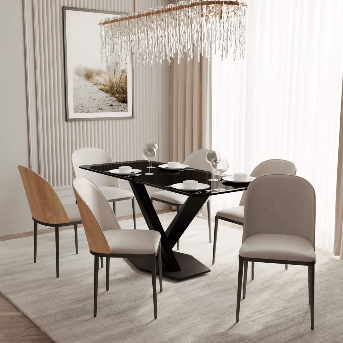Voren 7 - Piece Dining Set with 55" Rectangular Dining Table in Black Glass Top and 6 Leather/Velvet/Suede Fabric Dining Chairs