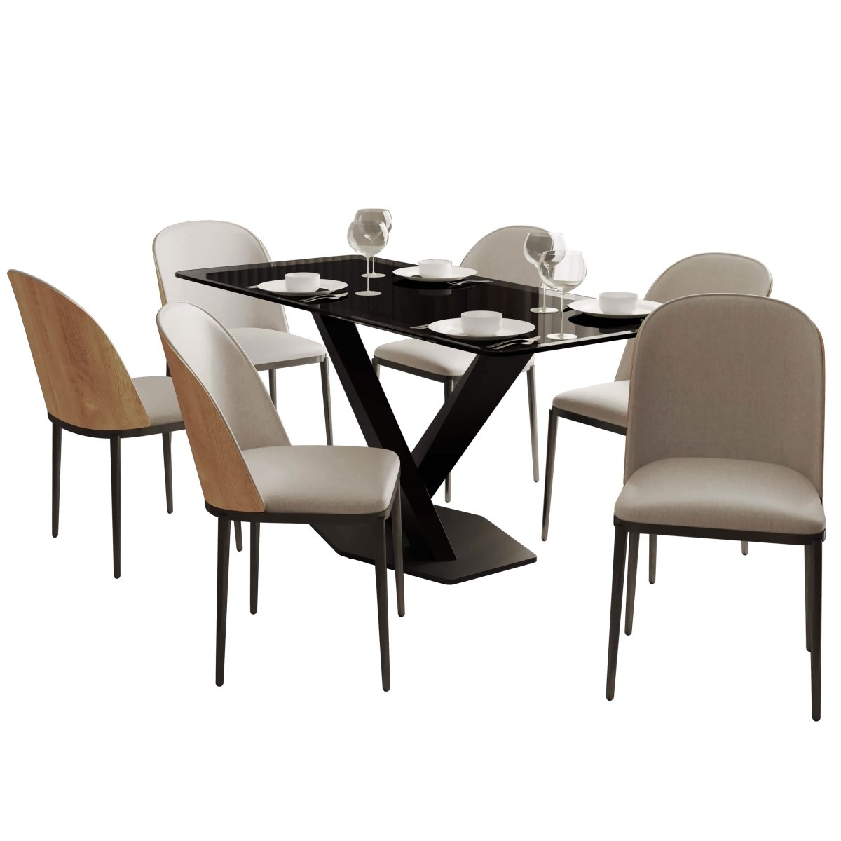 Voren 7 - Piece Dining Set with 55" Rectangular Dining Table in Black Glass Top and 6 Leather/Velvet/Suede Fabric Dining Chairs
