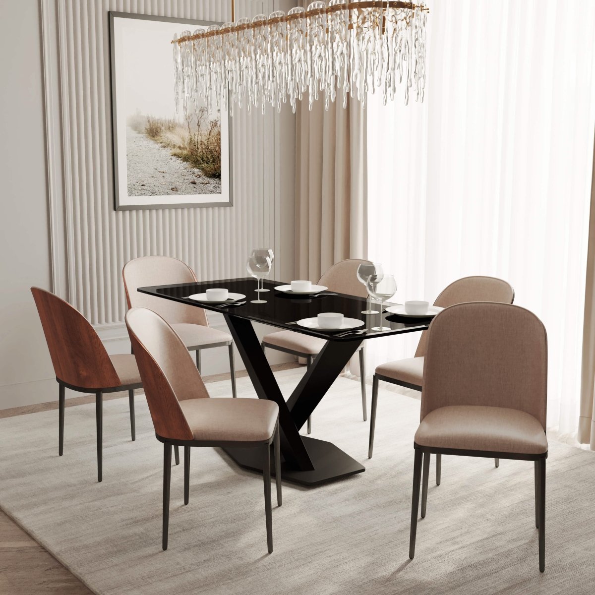 Voren 7 - Piece Dining Set with 55" Rectangular Dining Table in Black Glass Top and 6 Leather/Velvet/Suede Fabric Dining Chairs