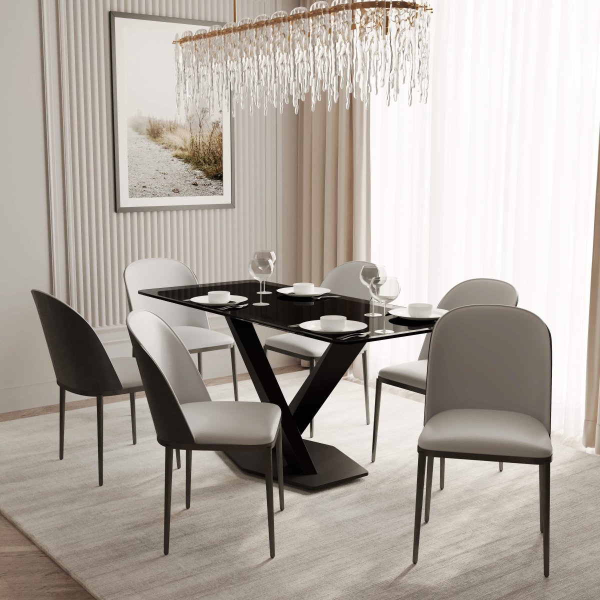 Voren 7 - Piece Dining Set with 55" Rectangular Dining Table in Black Glass Top and 6 Leather/Velvet/Suede Fabric Dining Chairs