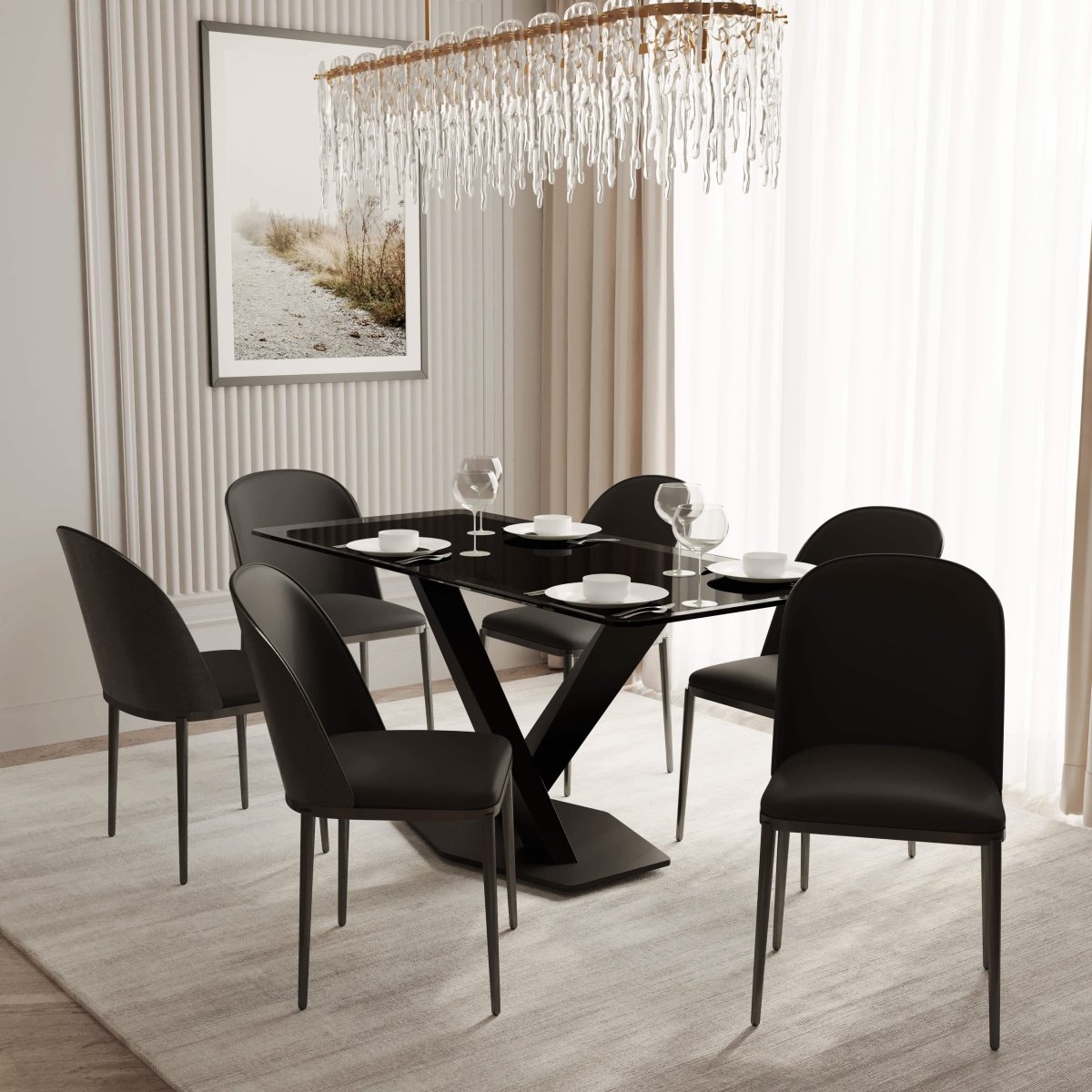 Voren 7 - Piece Dining Set with 55" Rectangular Dining Table in Black Glass Top and 6 Leather/Velvet/Suede Fabric Dining Chairs