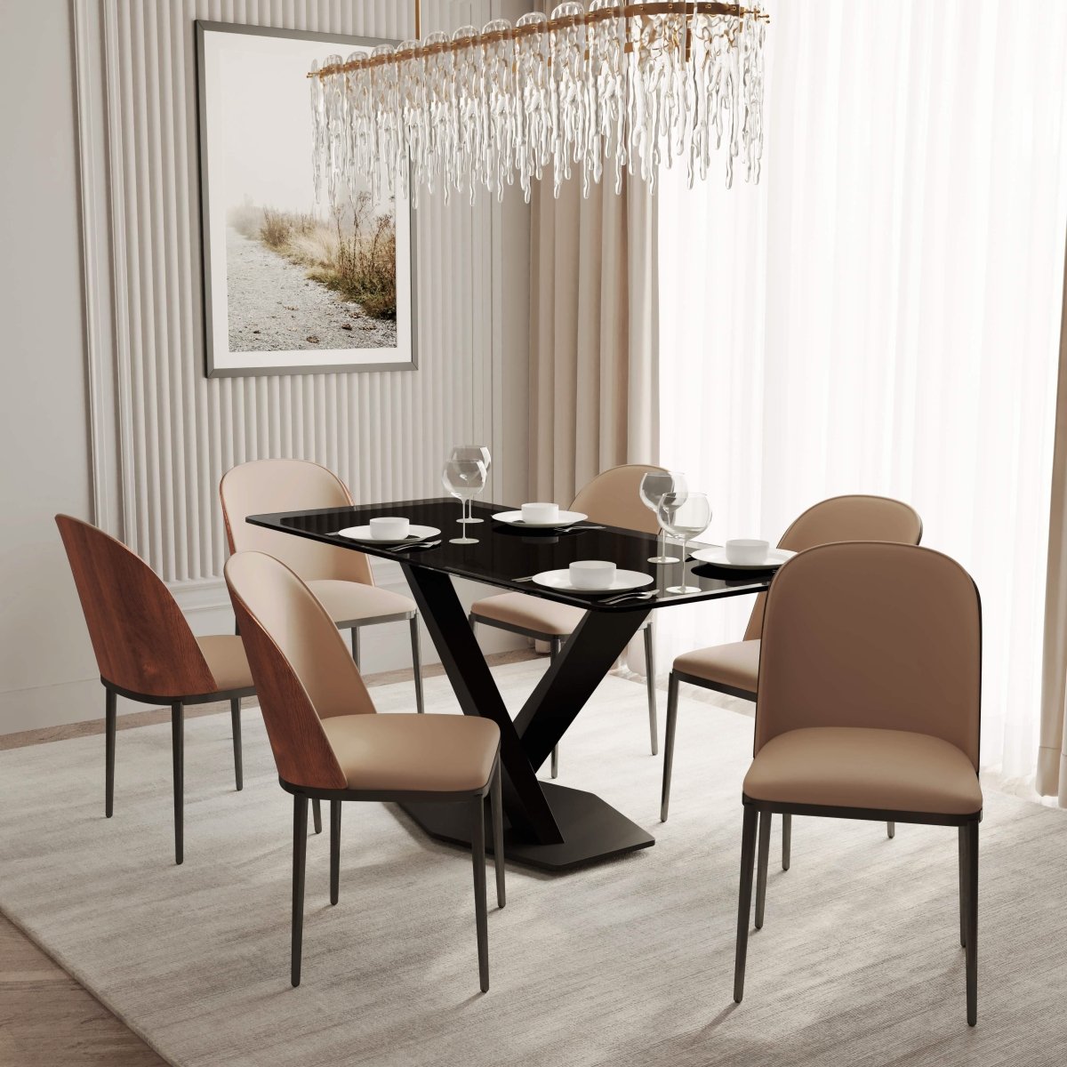 Voren 7 - Piece Dining Set with 55" Rectangular Dining Table in Black Glass Top and 6 Leather/Velvet/Suede Fabric Dining Chairs