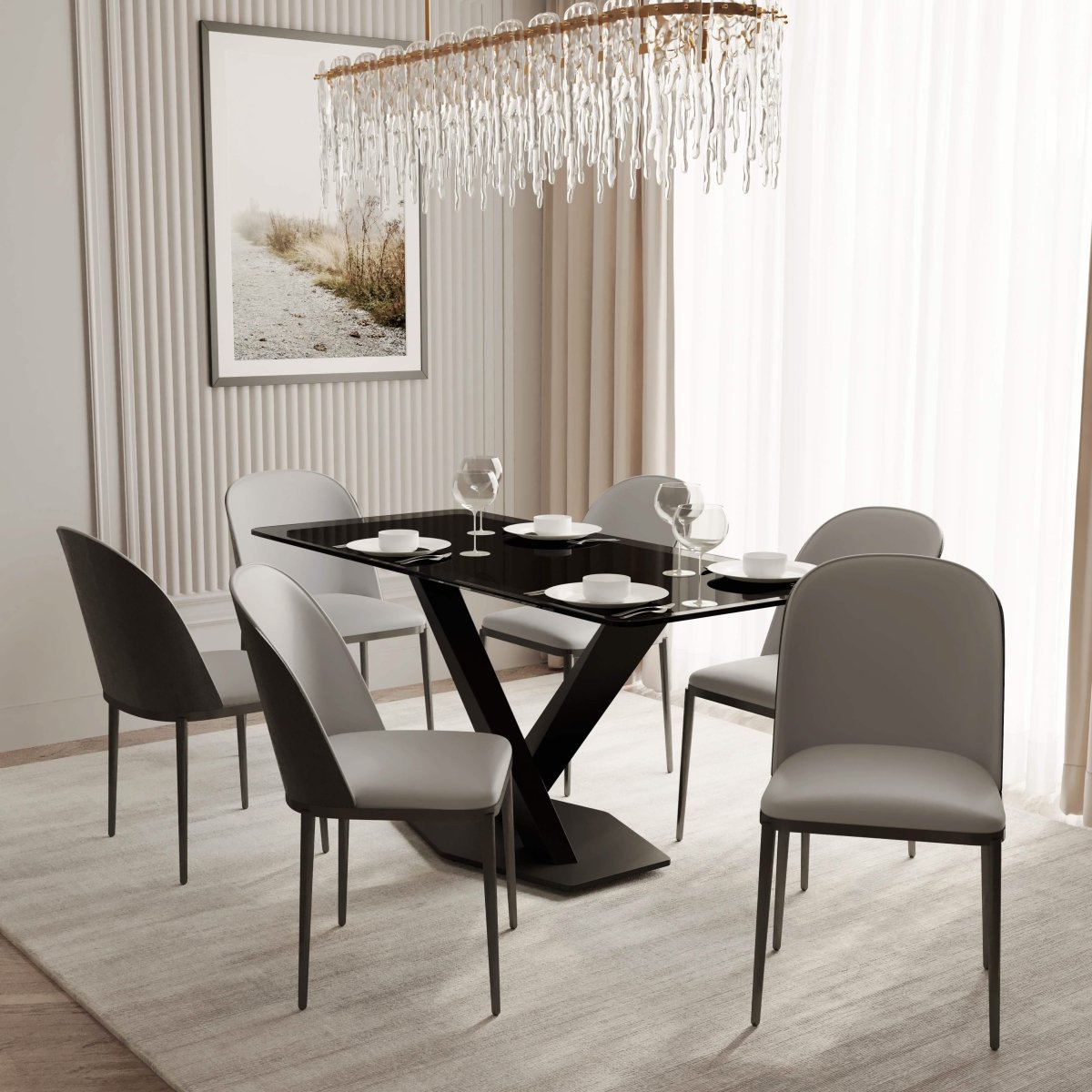 Voren 7 - Piece Dining Set with 55" Rectangular Dining Table in Black Glass Top and 6 Leather/Velvet/Suede Fabric Dining Chairs