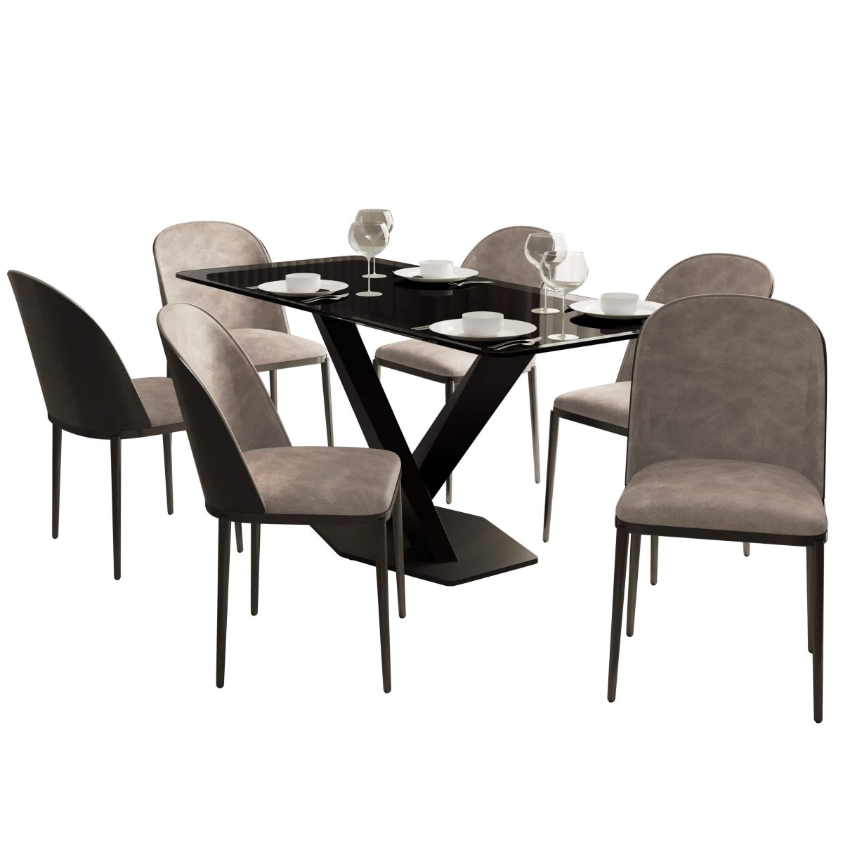 Voren 7 - Piece Dining Set with 55" Rectangular Dining Table in Black Glass Top and 6 Leather/Velvet/Suede Fabric Dining Chairs