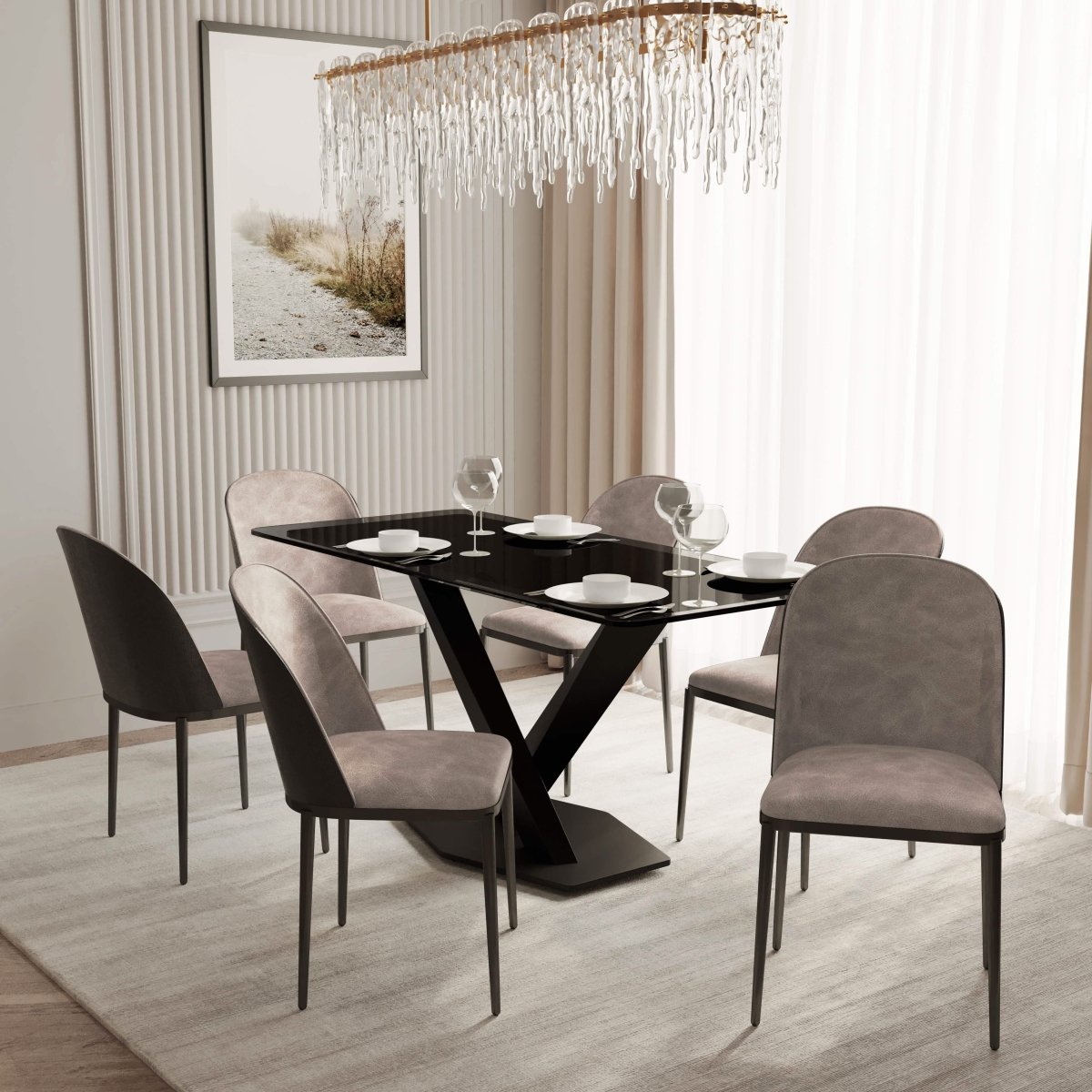 Voren 7 - Piece Dining Set with 55" Rectangular Dining Table in Black Glass Top and 6 Leather/Velvet/Suede Fabric Dining Chairs