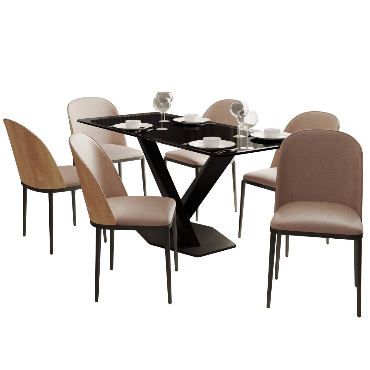 Voren 7 - Piece Dining Set with 55" Rectangular Dining Table in Black Glass Top and 6 Leather/Velvet/Suede Fabric Dining Chairs