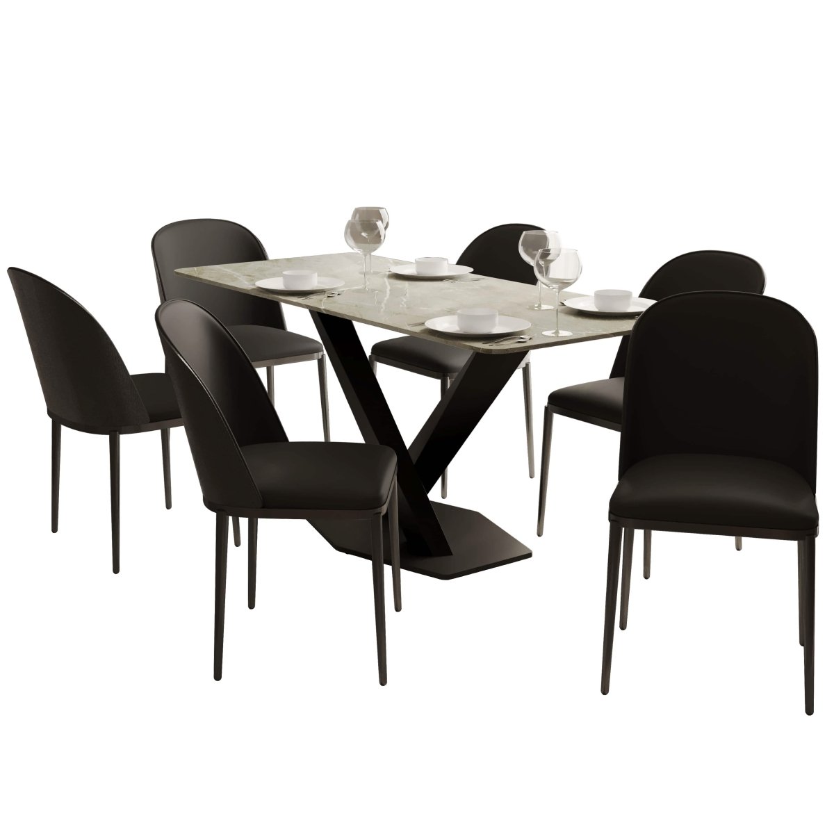 Voren 7 - Piece Dining Set with 55" Rectangular Dining Table in Deep Grey Sintered Stone and 6 Leather/Velvet/Suede Fabric Dining Chairs