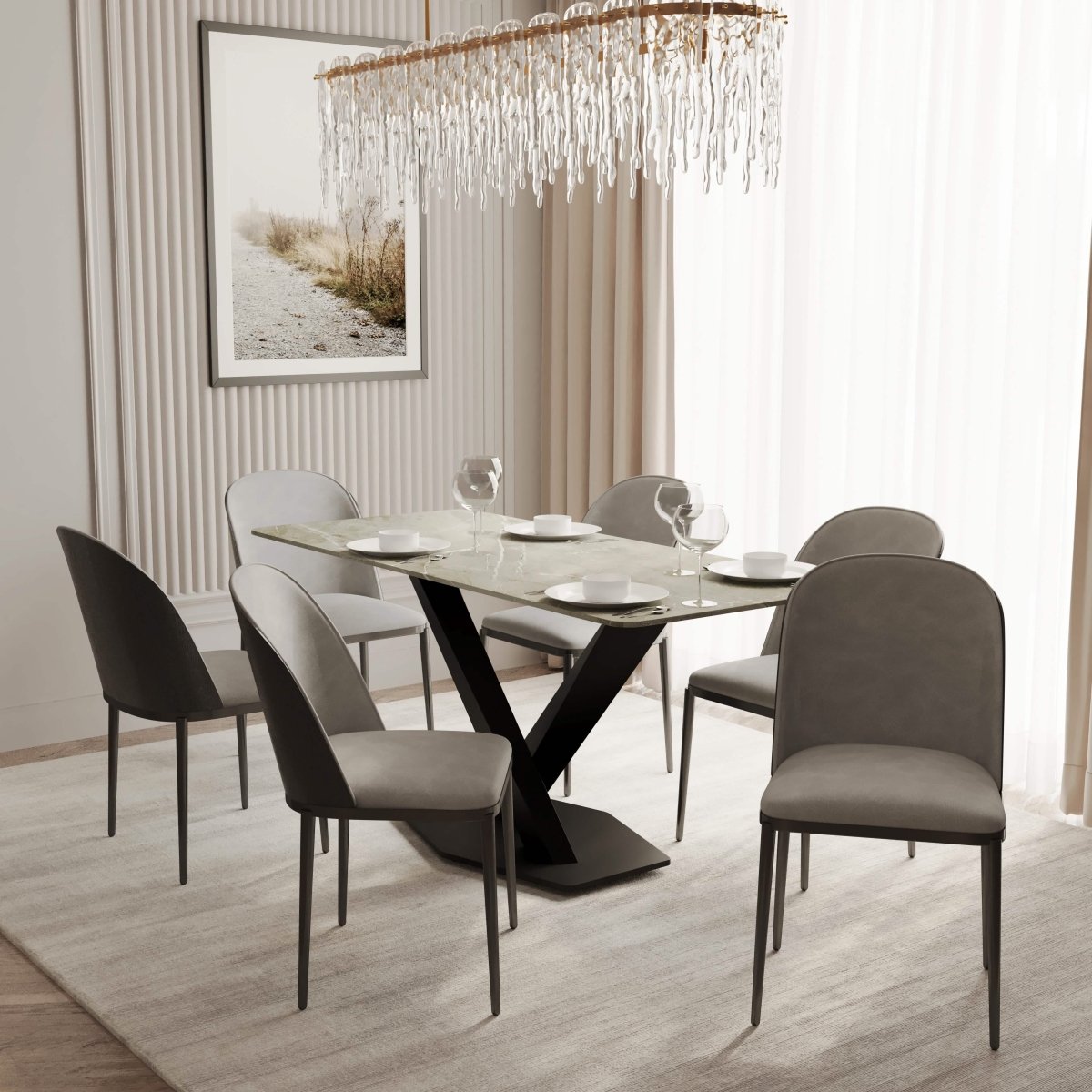 Voren 7 - Piece Dining Set with 55" Rectangular Dining Table in Deep Grey Sintered Stone and 6 Leather/Velvet/Suede Fabric Dining Chairs