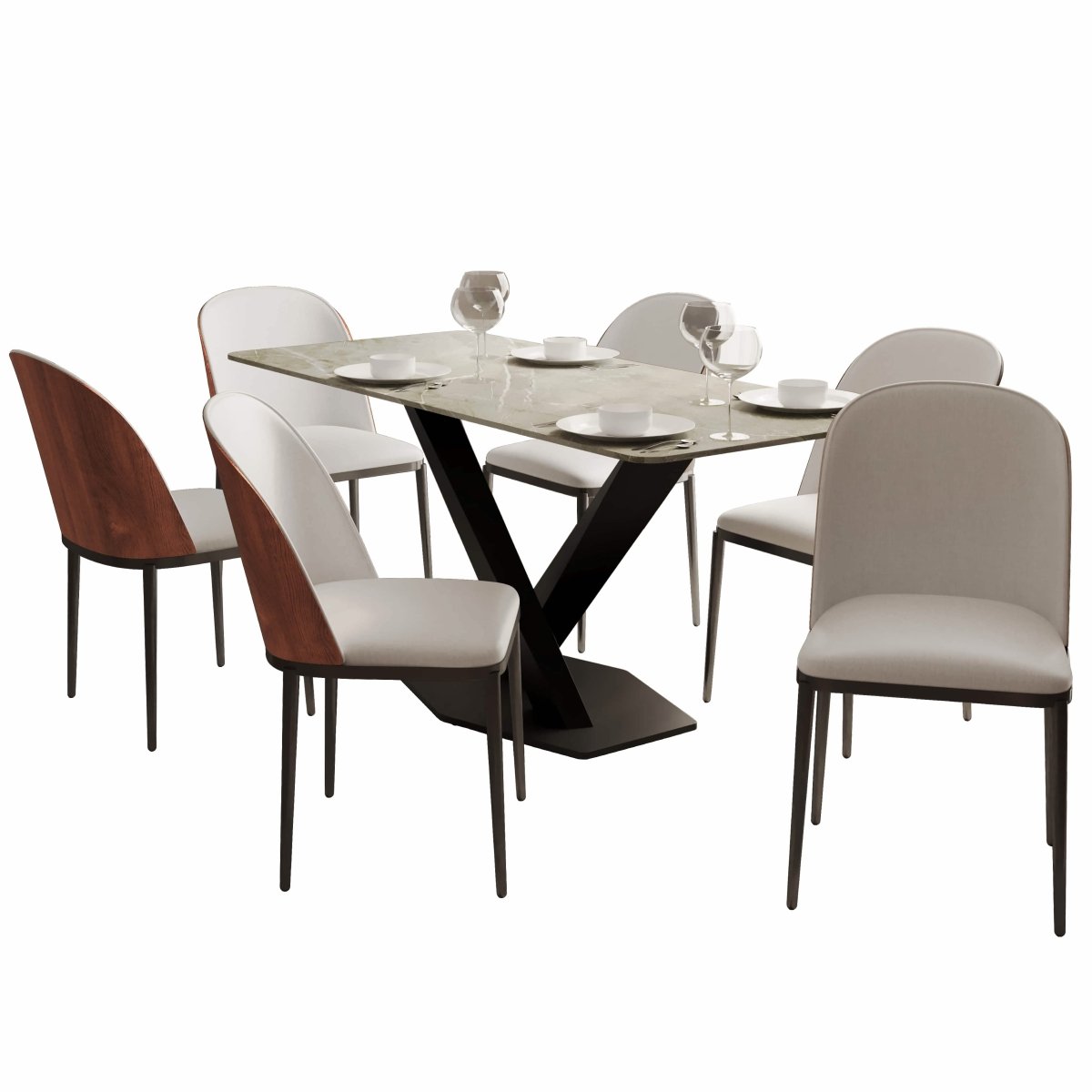 Voren 7 - Piece Dining Set with 55" Rectangular Dining Table in Deep Grey Sintered Stone and 6 Leather/Velvet/Suede Fabric Dining Chairs