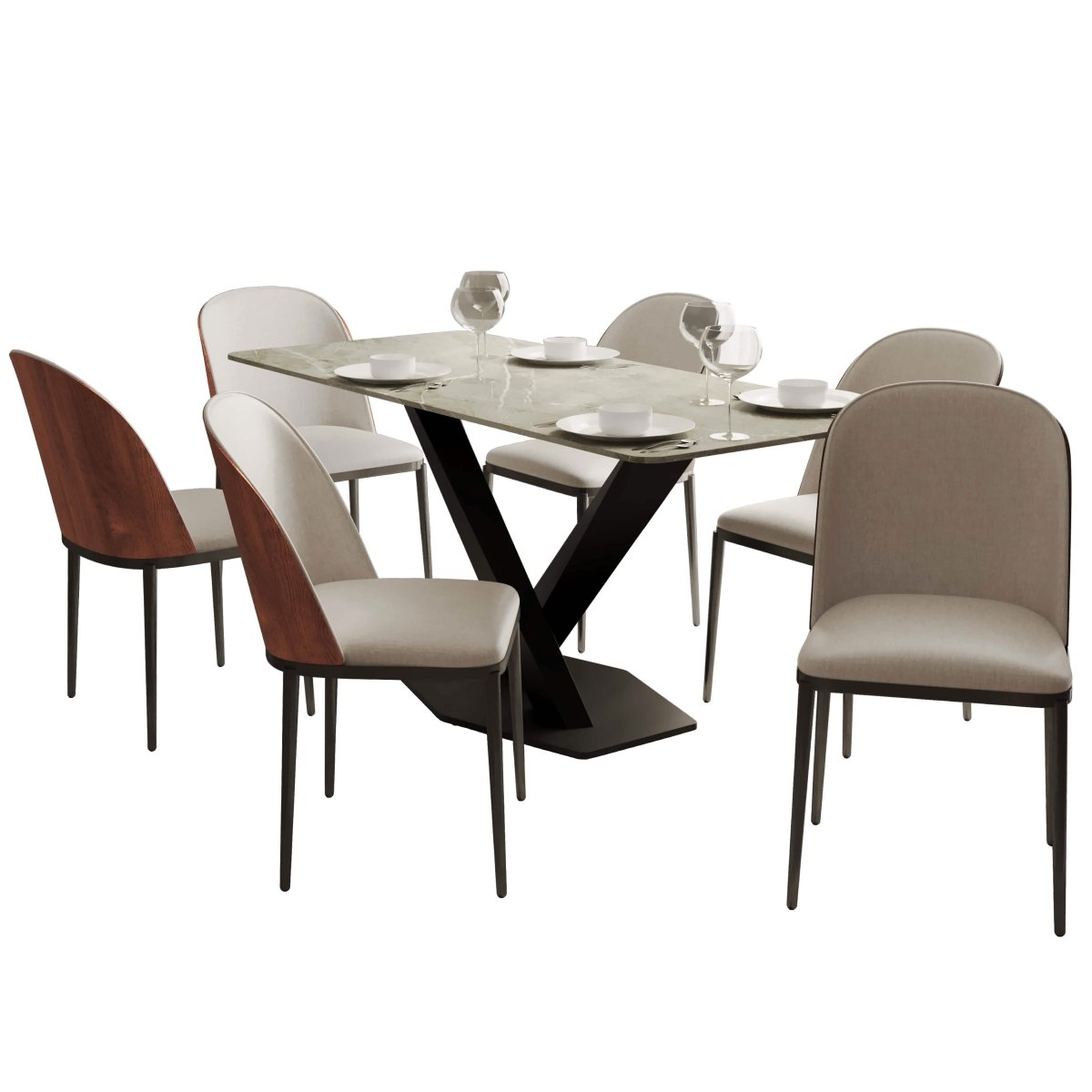 Voren 7 - Piece Dining Set with 55" Rectangular Dining Table in Deep Grey Sintered Stone and 6 Leather/Velvet/Suede Fabric Dining Chairs