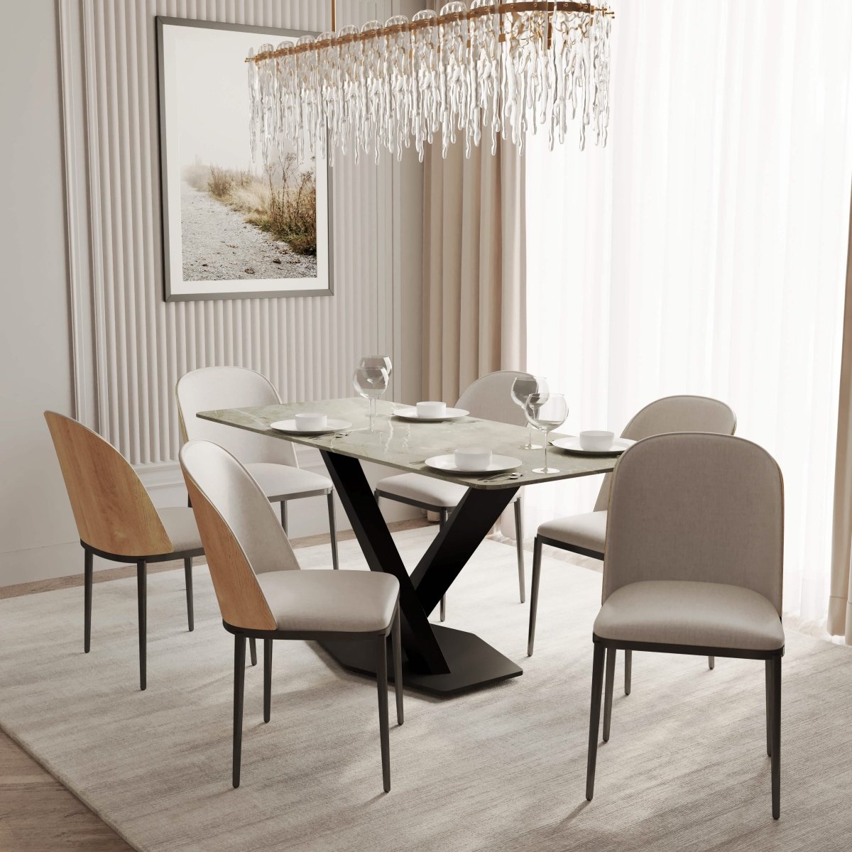 Voren 7 - Piece Dining Set with 55" Rectangular Dining Table in Deep Grey Sintered Stone and 6 Leather/Velvet/Suede Fabric Dining Chairs