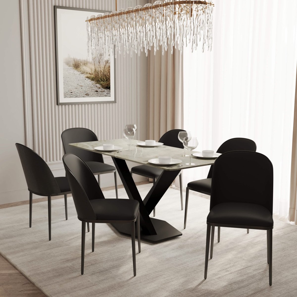 Voren 7 - Piece Dining Set with 55" Rectangular Dining Table in Deep Grey Sintered Stone and 6 Leather/Velvet/Suede Fabric Dining Chairs