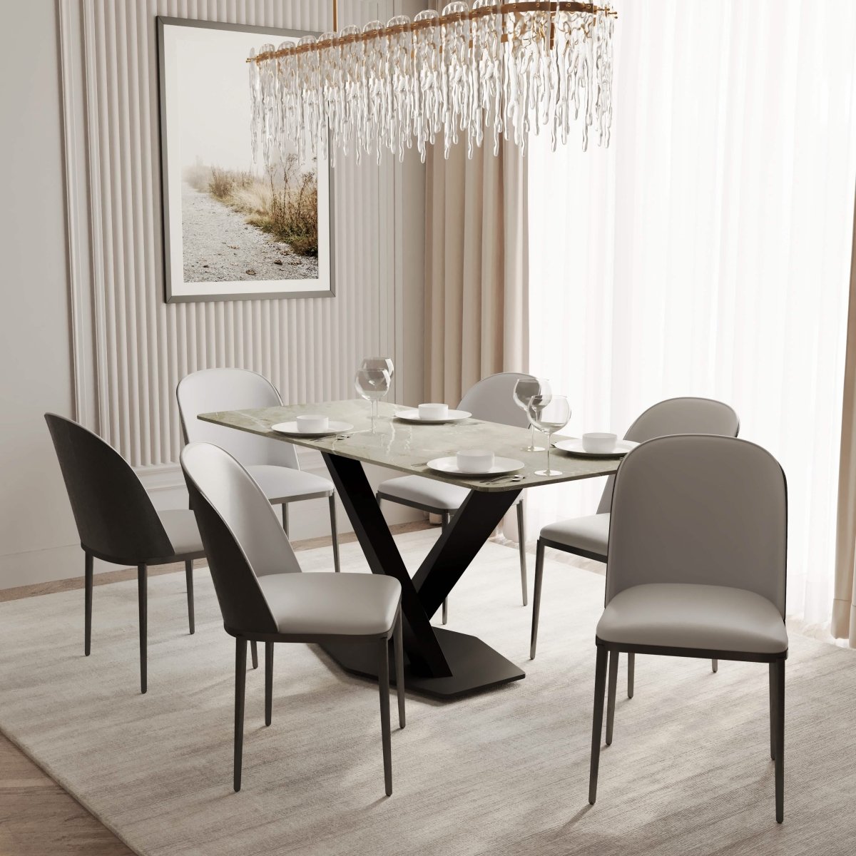 Voren 7 - Piece Dining Set with 55" Rectangular Dining Table in Deep Grey Sintered Stone and 6 Leather/Velvet/Suede Fabric Dining Chairs