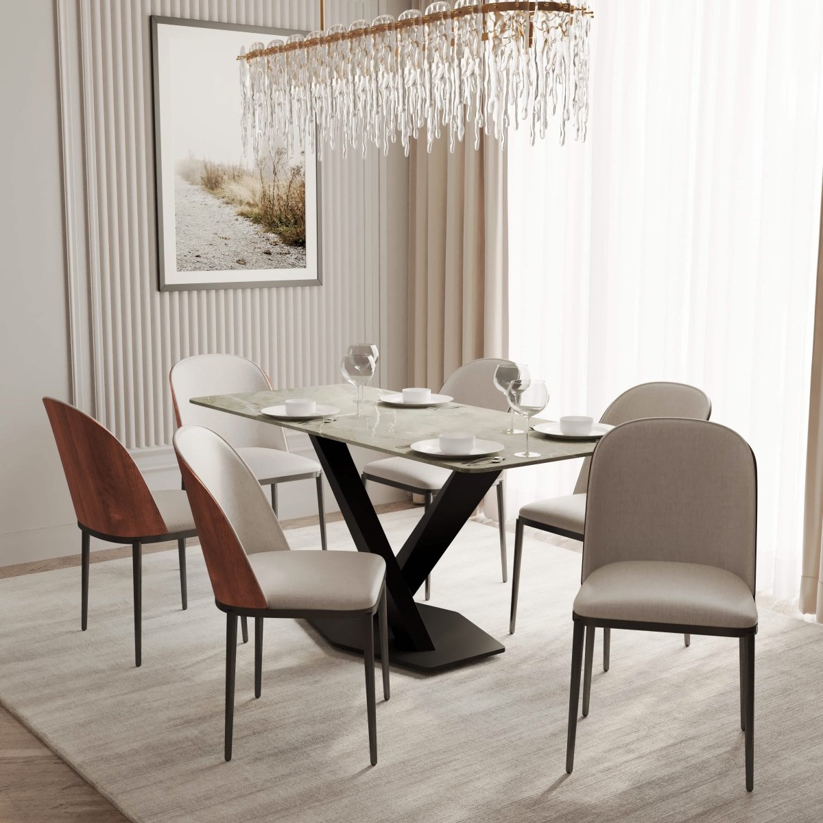 Voren 7 - Piece Dining Set with 55" Rectangular Dining Table in Deep Grey Sintered Stone and 6 Leather/Velvet/Suede Fabric Dining Chairs
