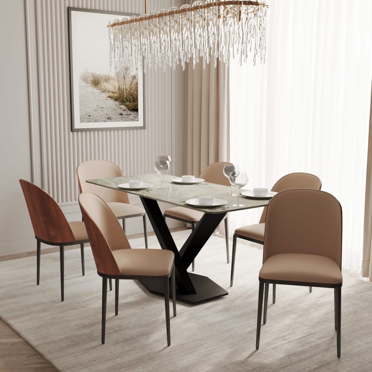 Voren 7 - Piece Dining Set with 55" Rectangular Dining Table in Deep Grey Sintered Stone and 6 Leather/Velvet/Suede Fabric Dining Chairs