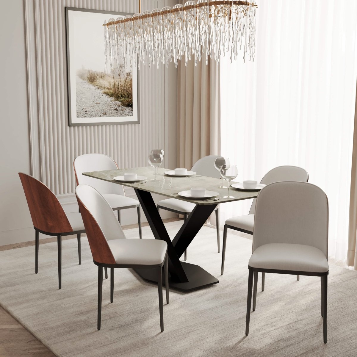 Voren 7 - Piece Dining Set with 55" Rectangular Dining Table in Deep Grey Sintered Stone and 6 Leather/Velvet/Suede Fabric Dining Chairs