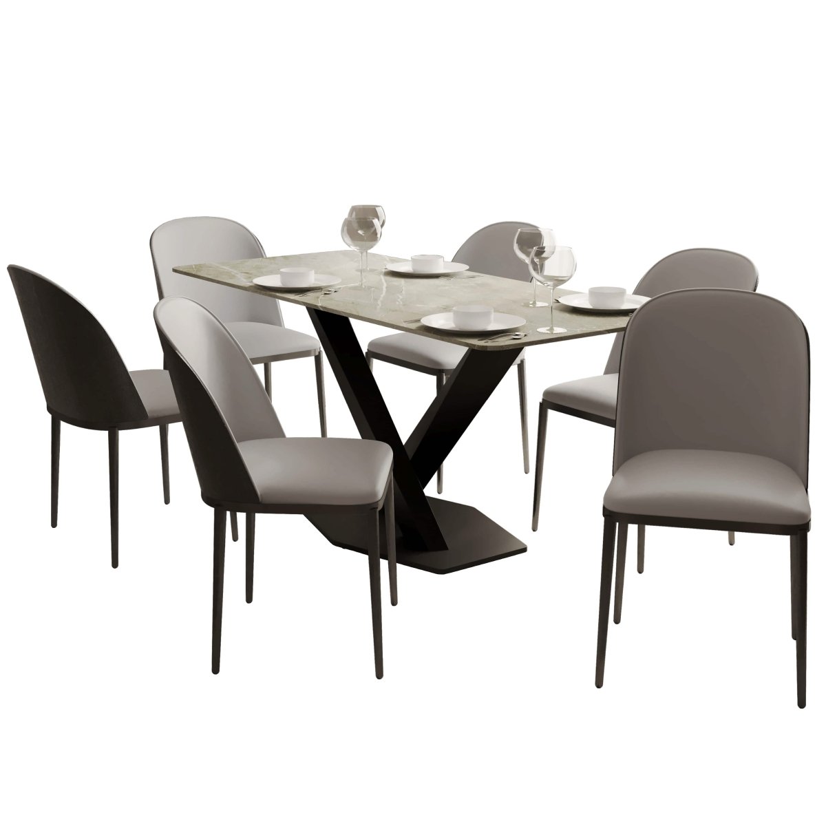 Voren 7 - Piece Dining Set with 55" Rectangular Dining Table in Deep Grey Sintered Stone and 6 Leather/Velvet/Suede Fabric Dining Chairs