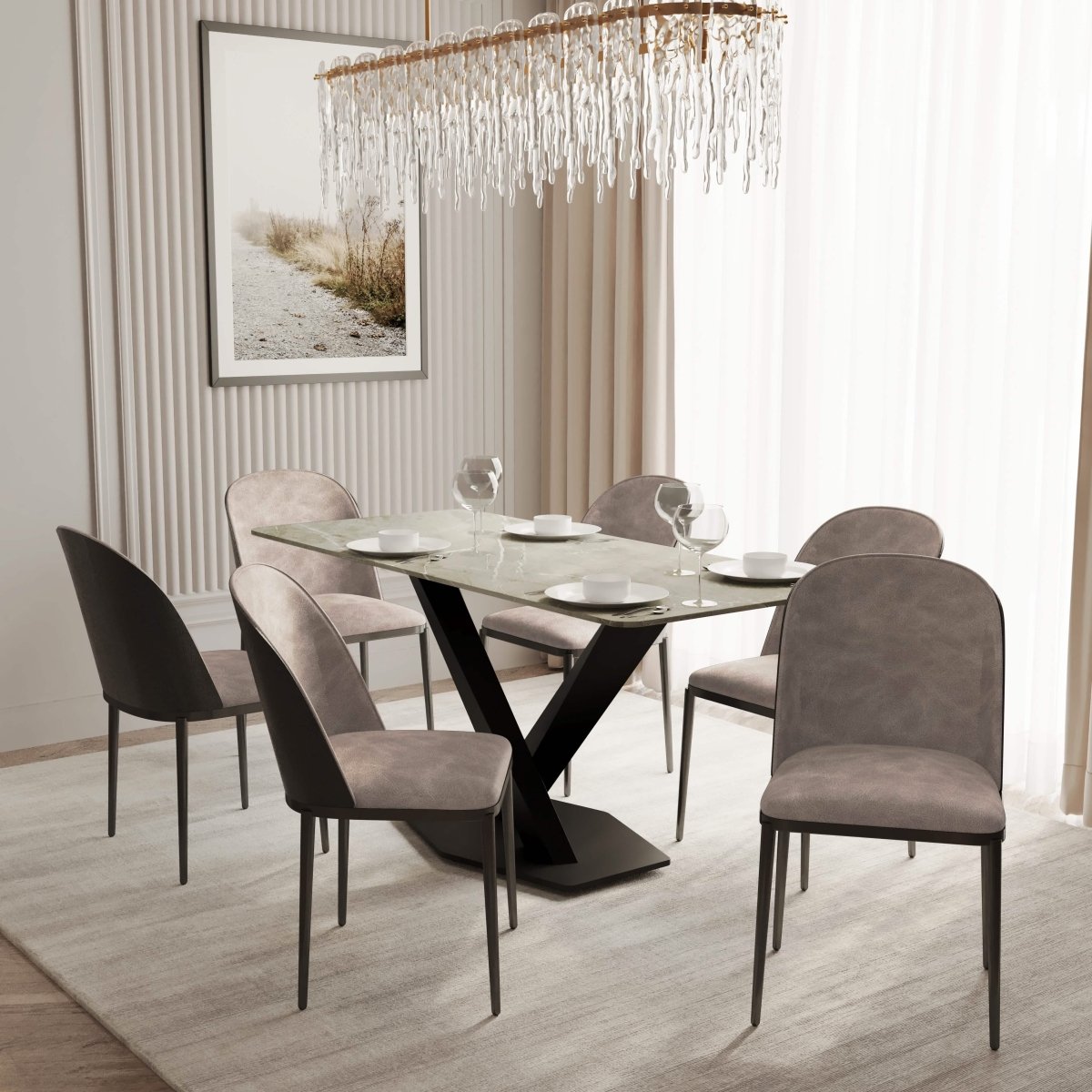 Voren 7 - Piece Dining Set with 55" Rectangular Dining Table in Deep Grey Sintered Stone and 6 Leather/Velvet/Suede Fabric Dining Chairs