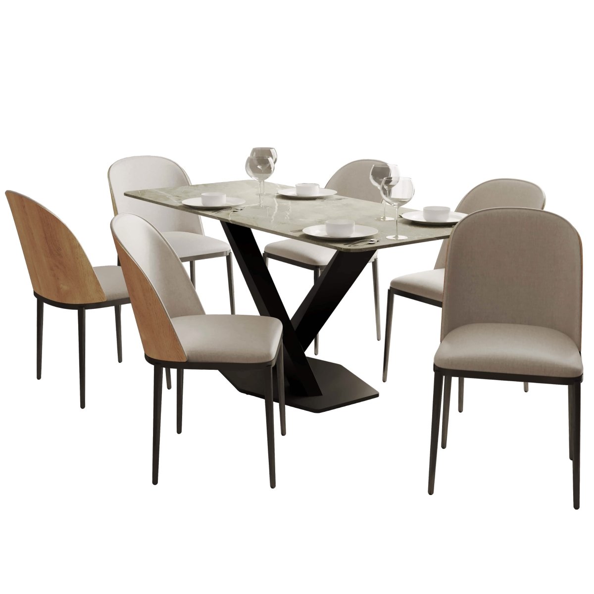 Voren 7 - Piece Dining Set with 55" Rectangular Dining Table in Deep Grey Sintered Stone and 6 Leather/Velvet/Suede Fabric Dining Chairs