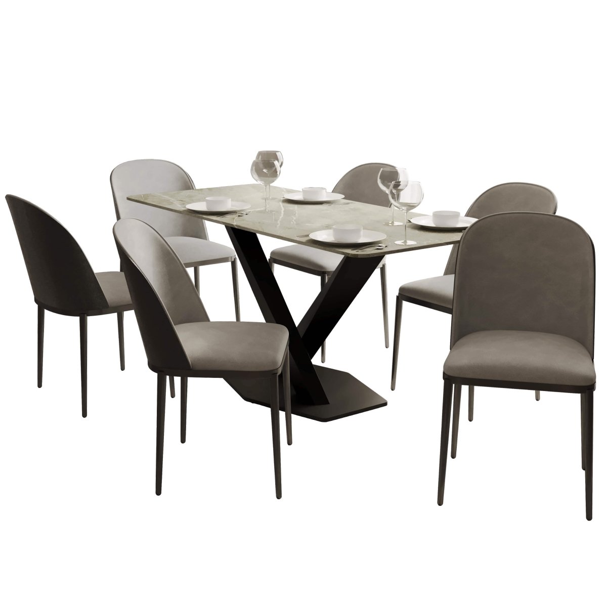 Voren 7 - Piece Dining Set with 55" Rectangular Dining Table in Deep Grey Sintered Stone and 6 Leather/Velvet/Suede Fabric Dining Chairs